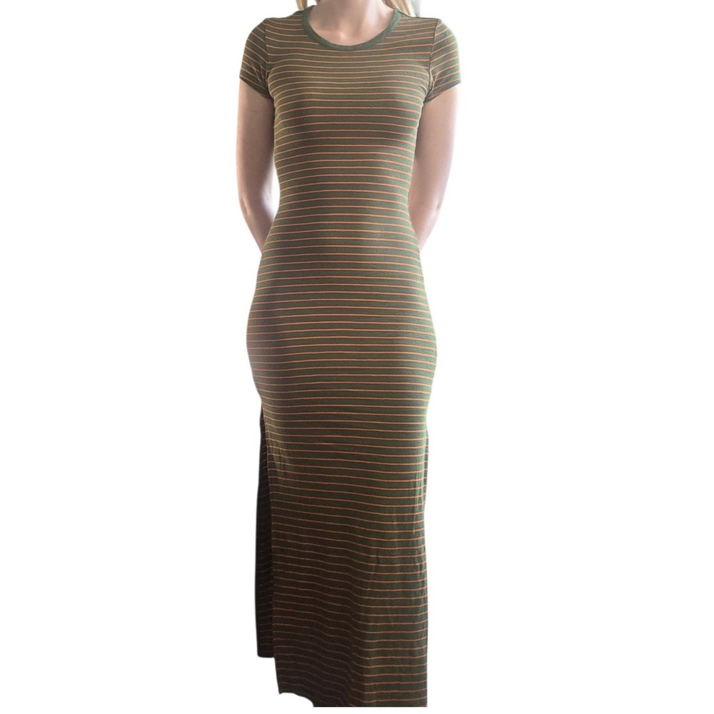 Urban Outfitters BDG Olive Striped Maxi Dress Dual Slit Small Bodycon Ribbed